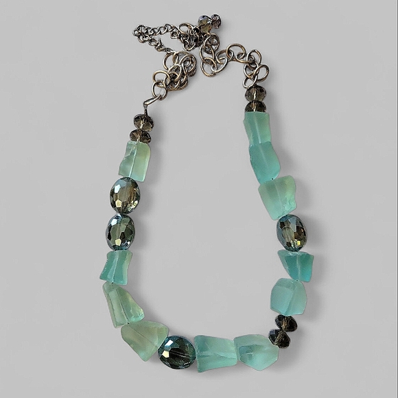 Chunky Natural Aquamaine Raw Cut Stone & Bead Necklace Vintage MCM Primitive - Picture 1 of 9